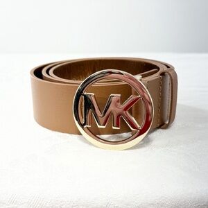 Michael Kors Brown Leather Belt Large – Gold MK Logo Buckle, Genuine Leather